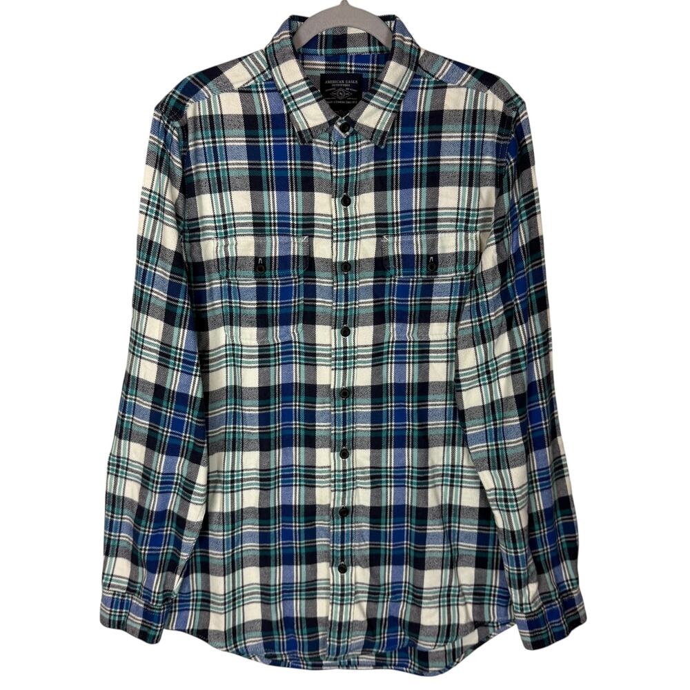 American Eagle Outfitters Plaid Flannel Shirt Men‎ M Blue White Cotton Button-Up